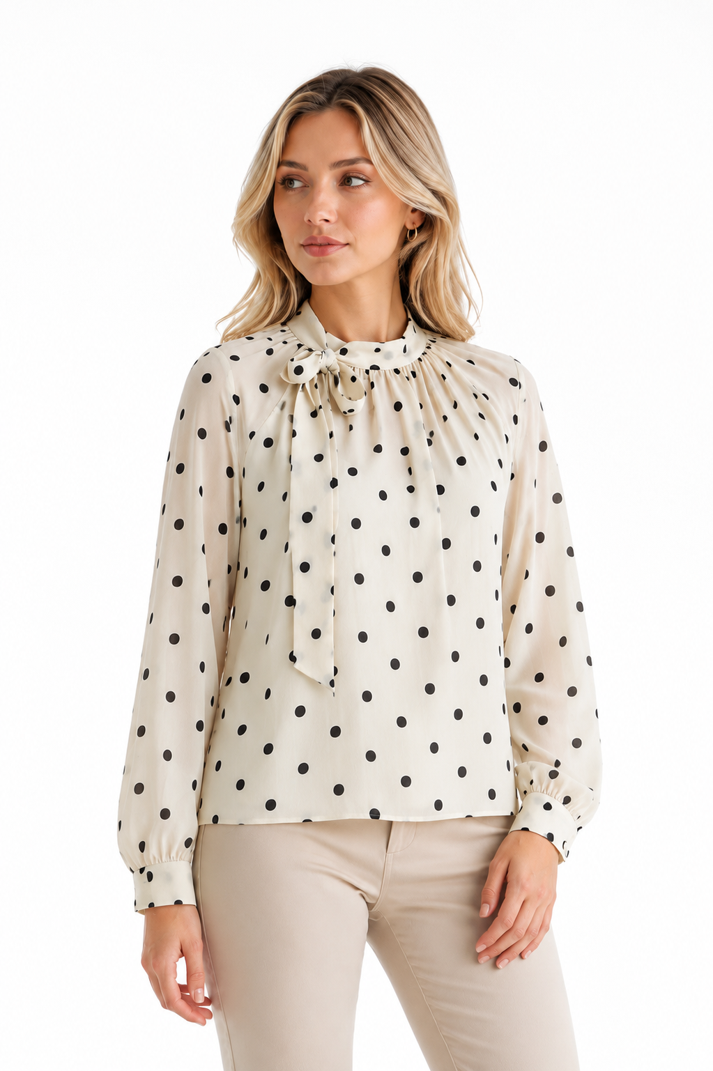 Blusa manga larga con moño en el cuello