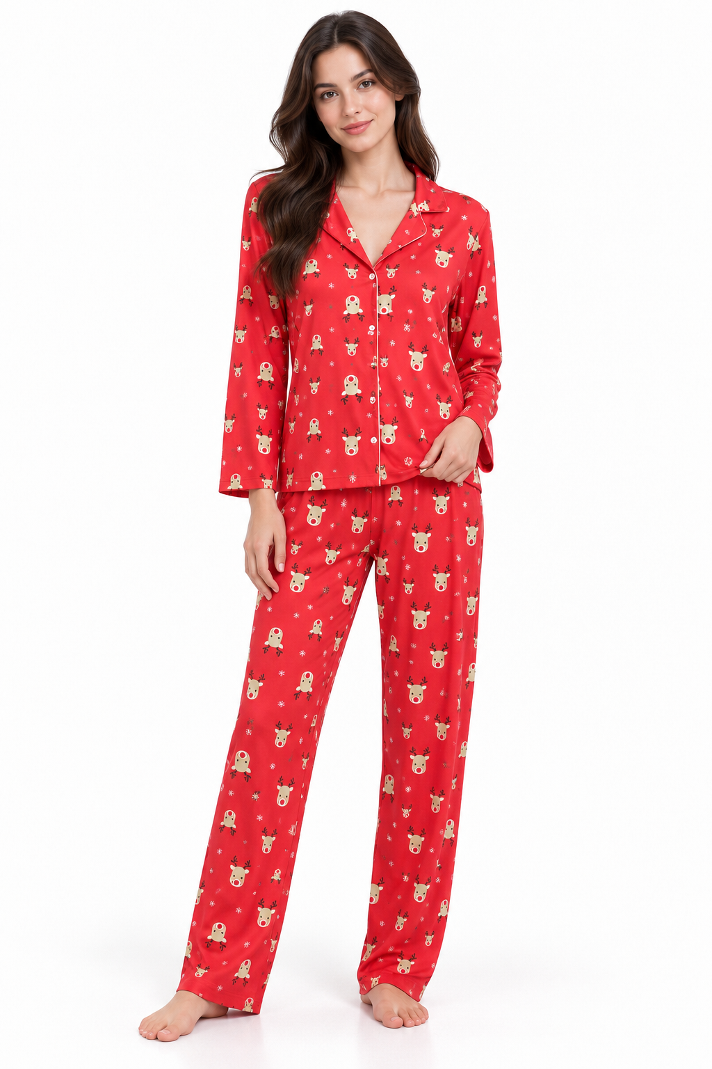 Pijama Navideña Larga de 2 Piezas para Mujer con Estampado de Renos Color Rojo